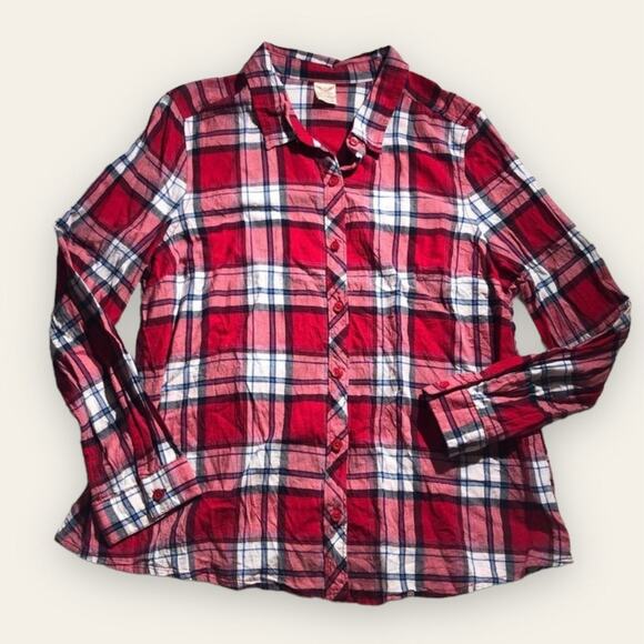 Faded Glory Red & White Plaid Button Up Shirt - Picture 1 of 8